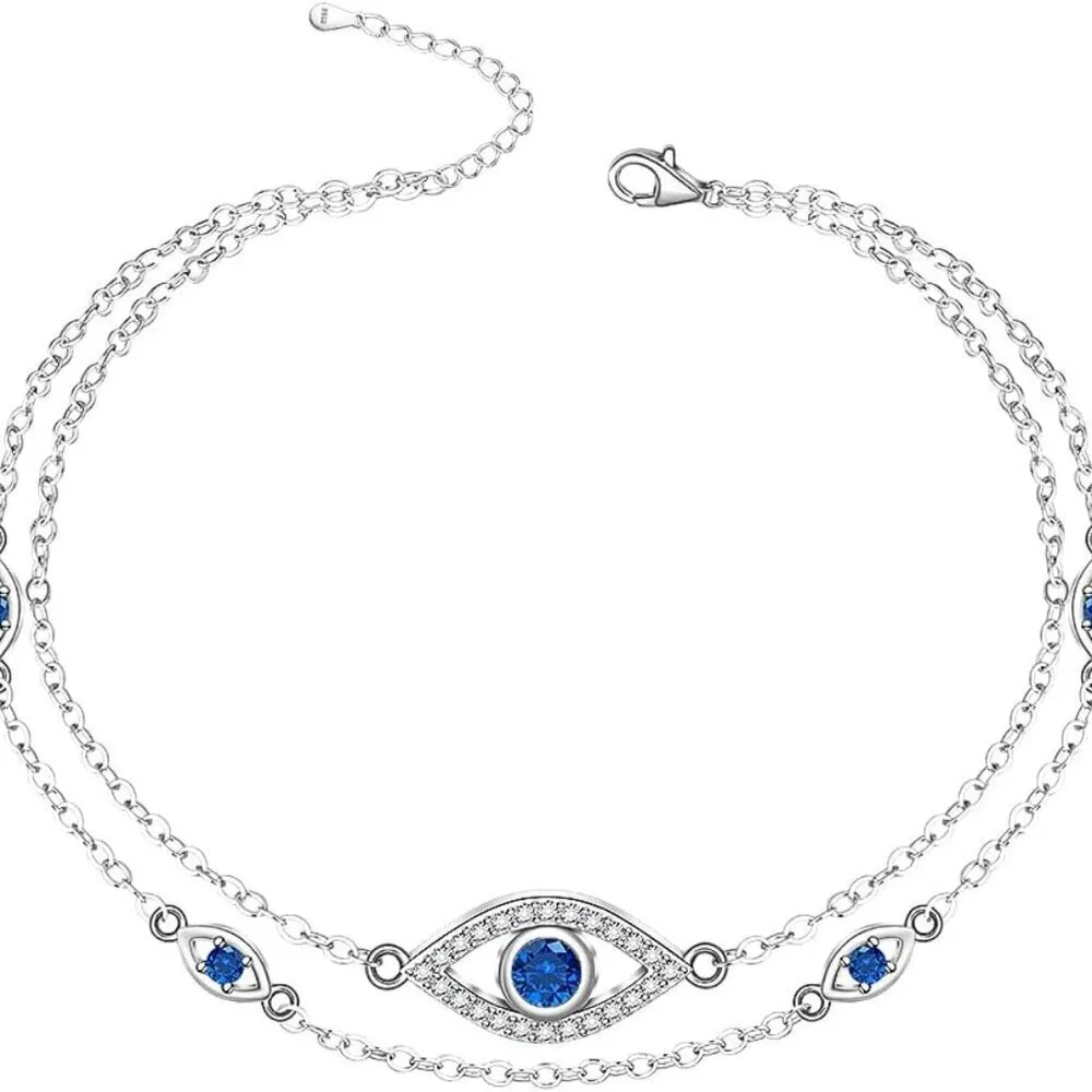 Sterling Silver Evil Eye Anklet Women Protection Chain Blue Eyes Jewelry